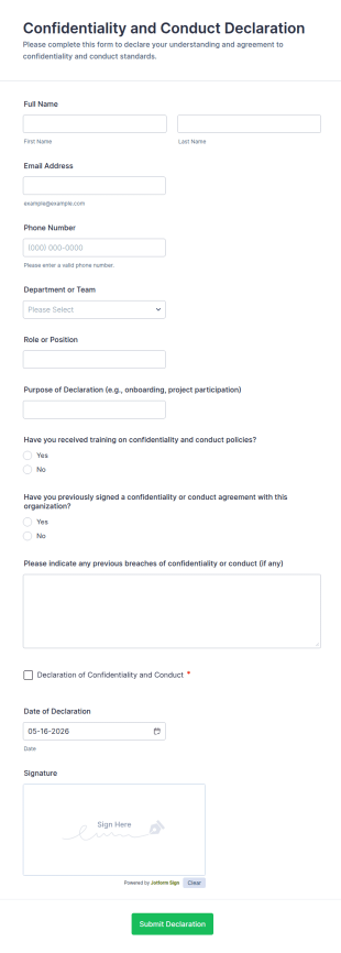 Confidentiality And Conduct Declaration Form Template