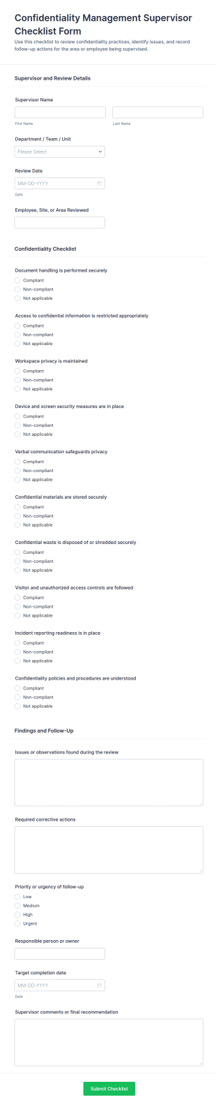 Confidentiality Management Supervisor Checklist Form Template