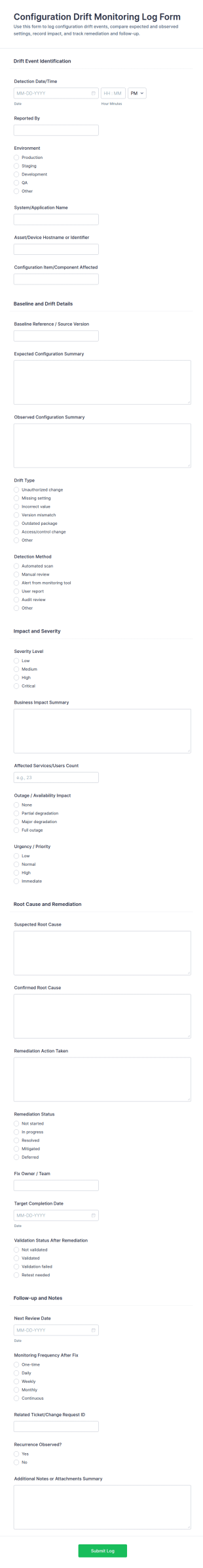 Configuration Drift Monitoring Log Form Template