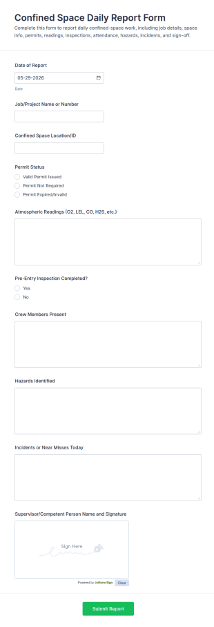 Confined Space Daily Report Form Template