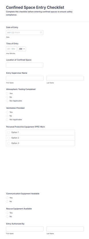 Confined Space Entry Checklist Form Template