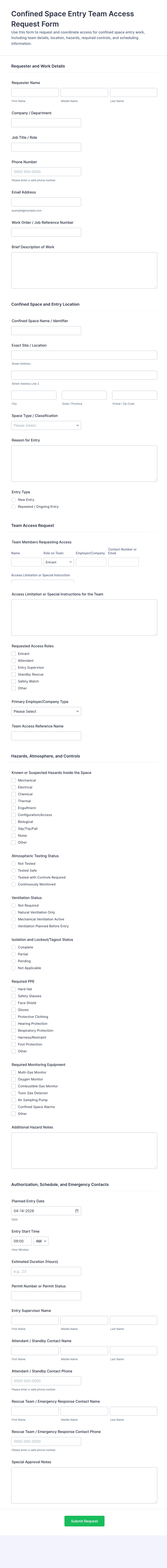 Confined Space Entry Team Access Request Form Template | Jotform