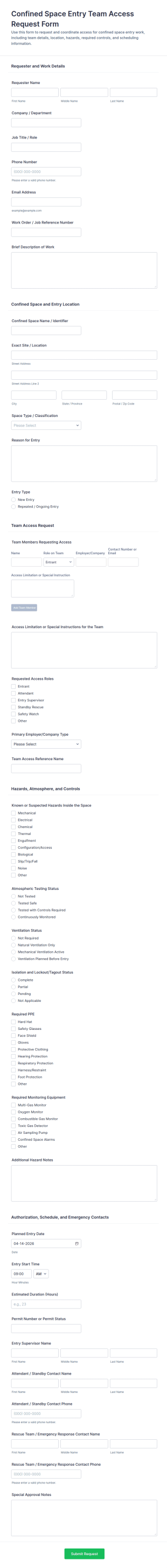 Confined Space Entry Team Access Request Form Template