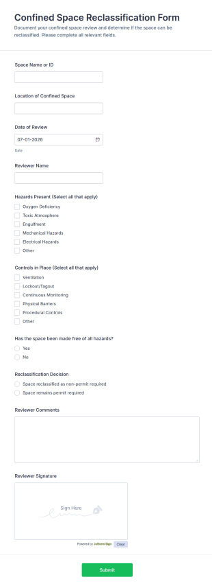 Confined Space Reclassification Form Template