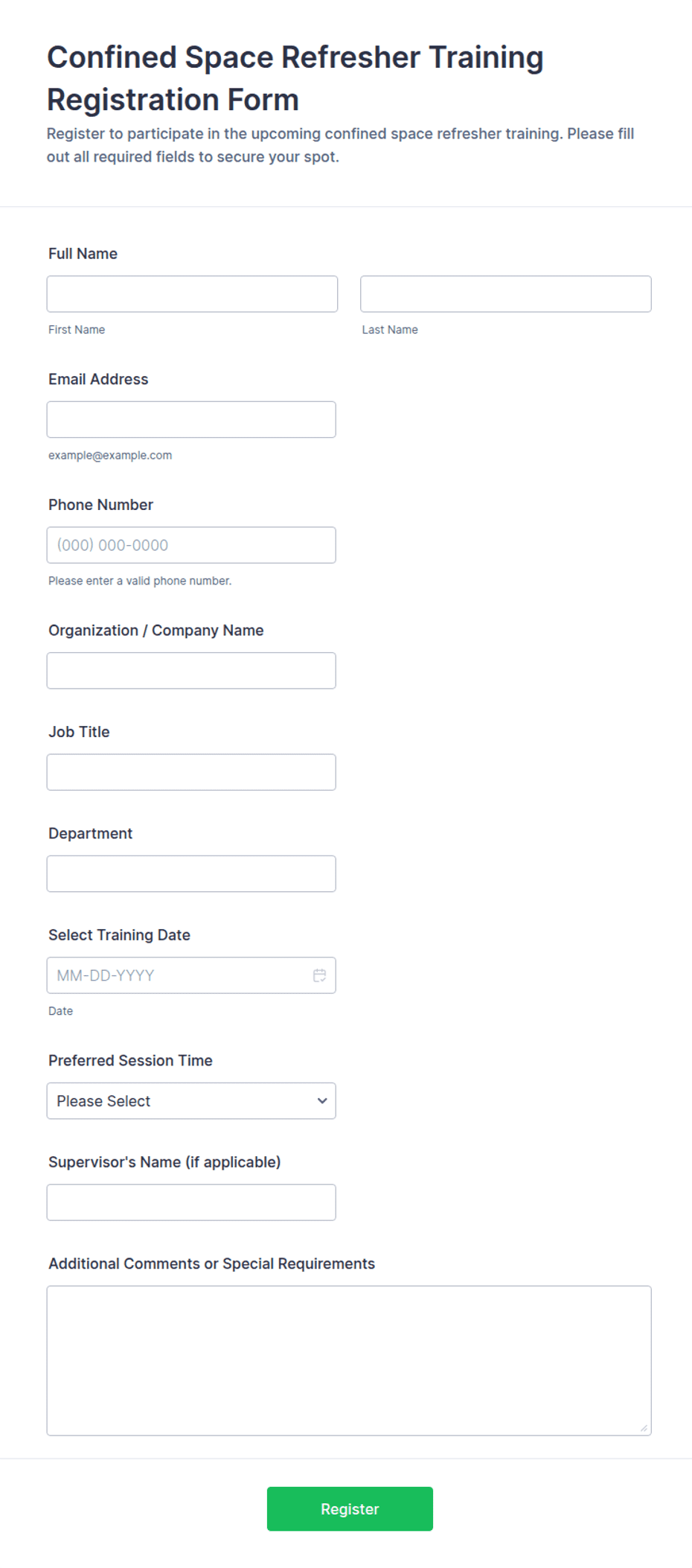 Confined Space Refresher Training Registration Form Template | Jotform