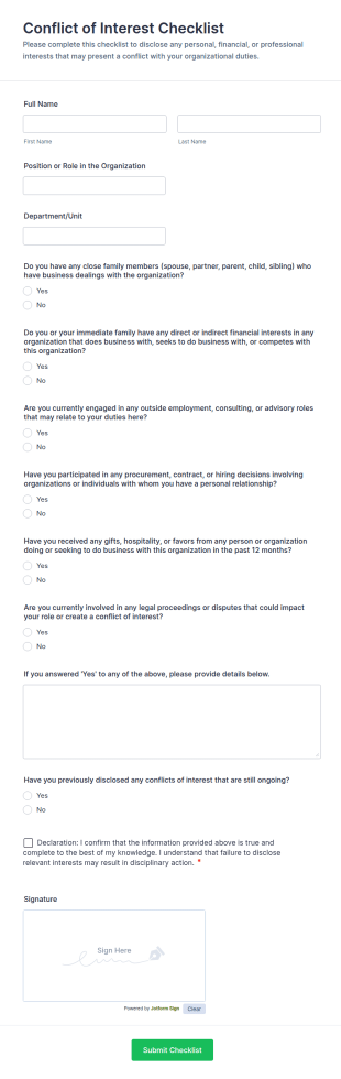 Conflict Of Interest Checklist Form Template