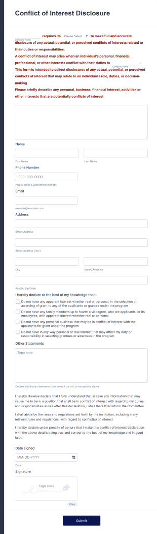 Conflict Of Interest Declaration Form Template