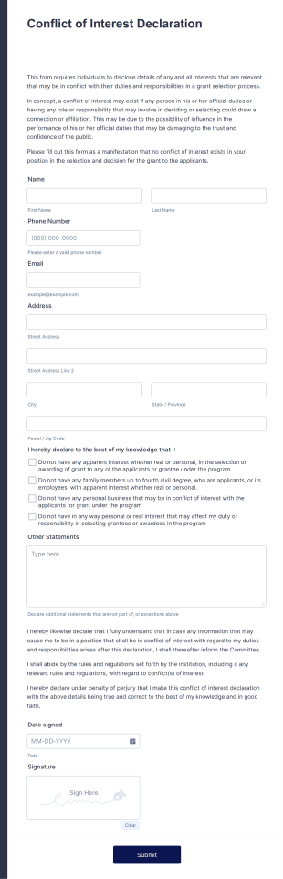 Conflict Of Interest Declaration Form Template