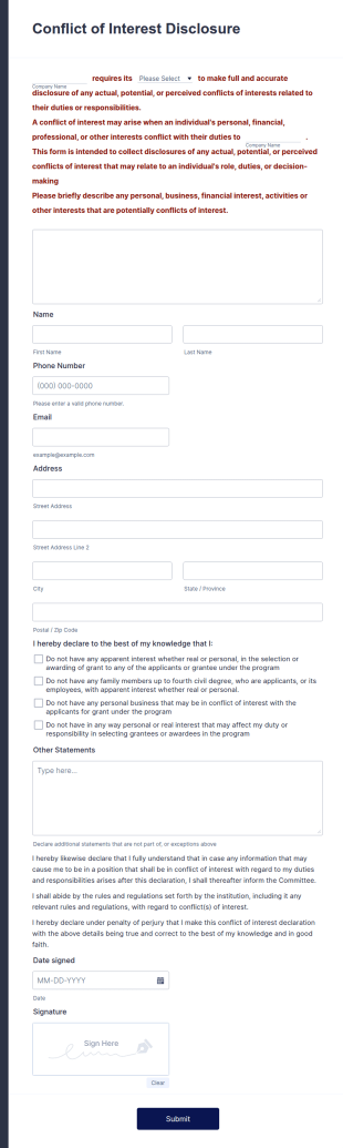 Conflict Of Interest Declaration Form Template