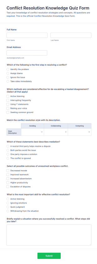 Conflict Resolution Knowledge Quiz Form Template