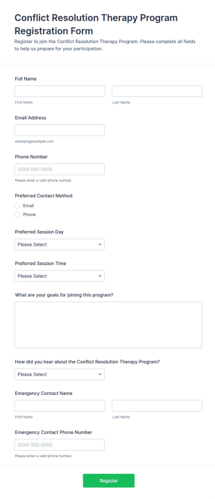 Conflict Resolution Therapy Program Registration Form Template