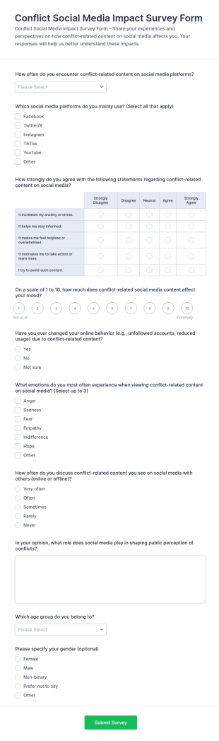 Conflict Social Media Impact Survey Form Template