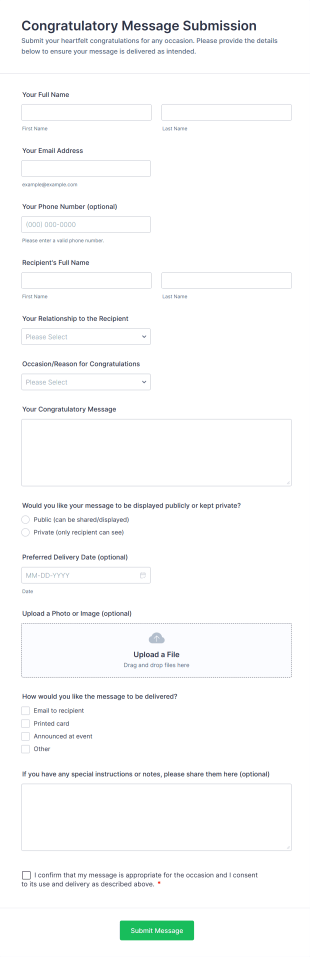 Congratulatory Message Submission Form Template