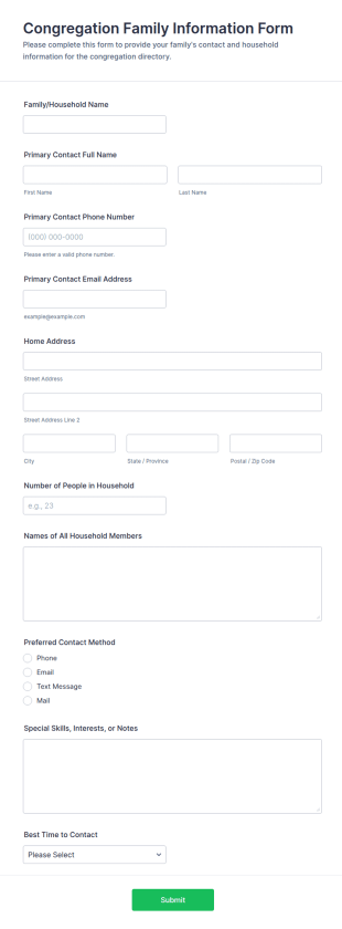 Congregation Family Information Form Template