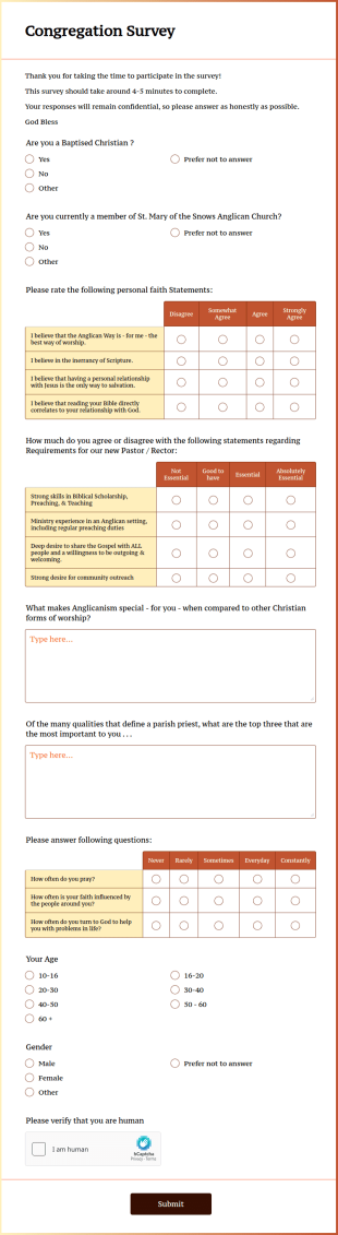Congregation Survey Form Template