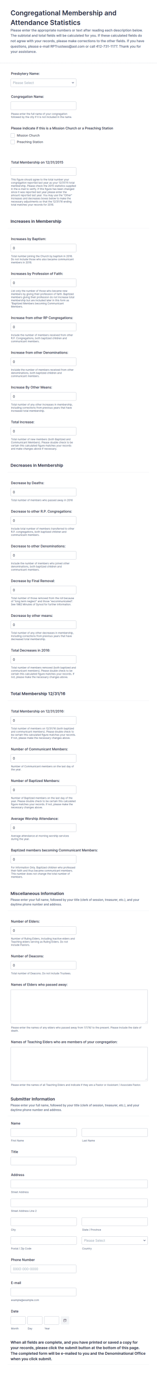 Congregational Membership And Attendance Statistics Entry Form Template