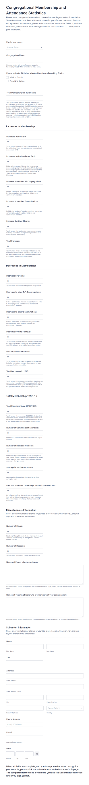 Congregational Membership And Attendance Statistics Entry Form Template
