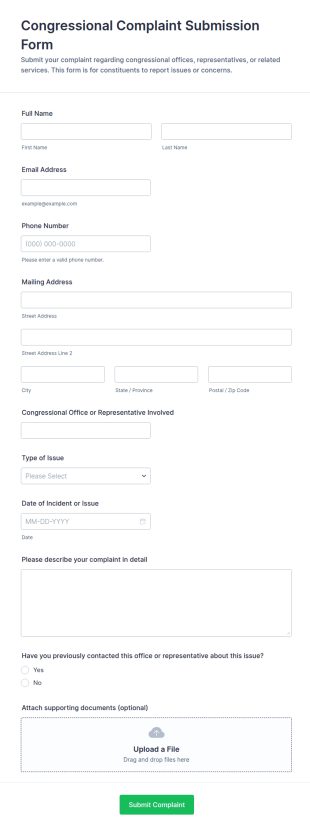 Congressional Complaint Submission Form Template