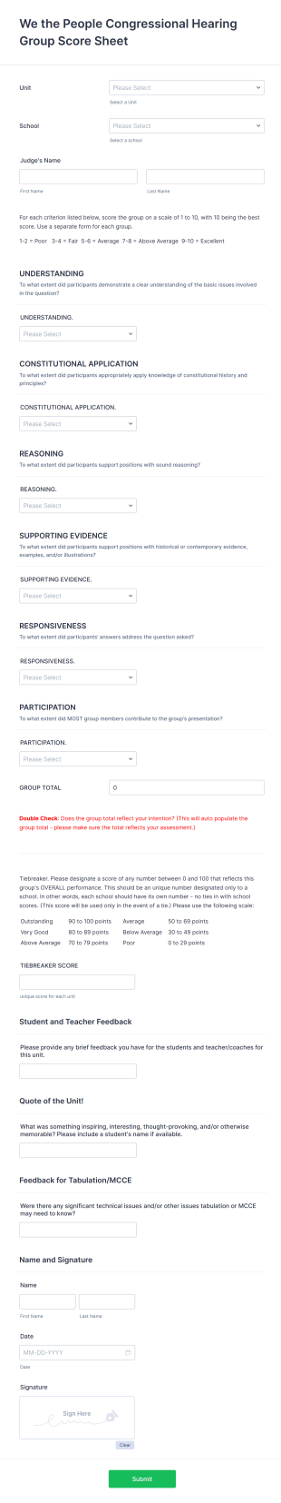 Congressional Hearing Group Performance Assessment Form Template