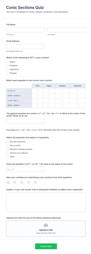Conic Sections Quiz Form Template