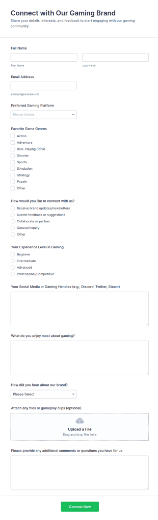 Gaming Brand Connection Form Template