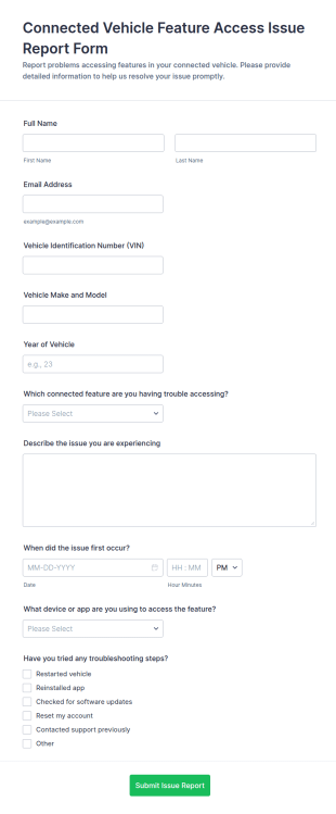 Connected Vehicle Feature Access Issue Report Form Template