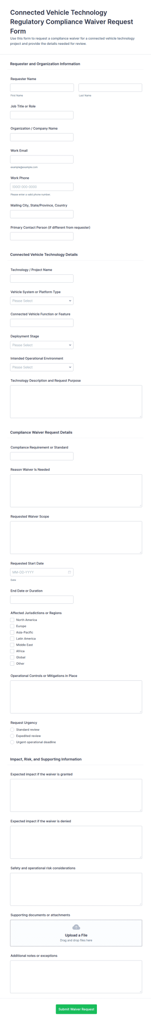 Connected Vehicle Technology Regulatory Compliance Waiver Request Form Template