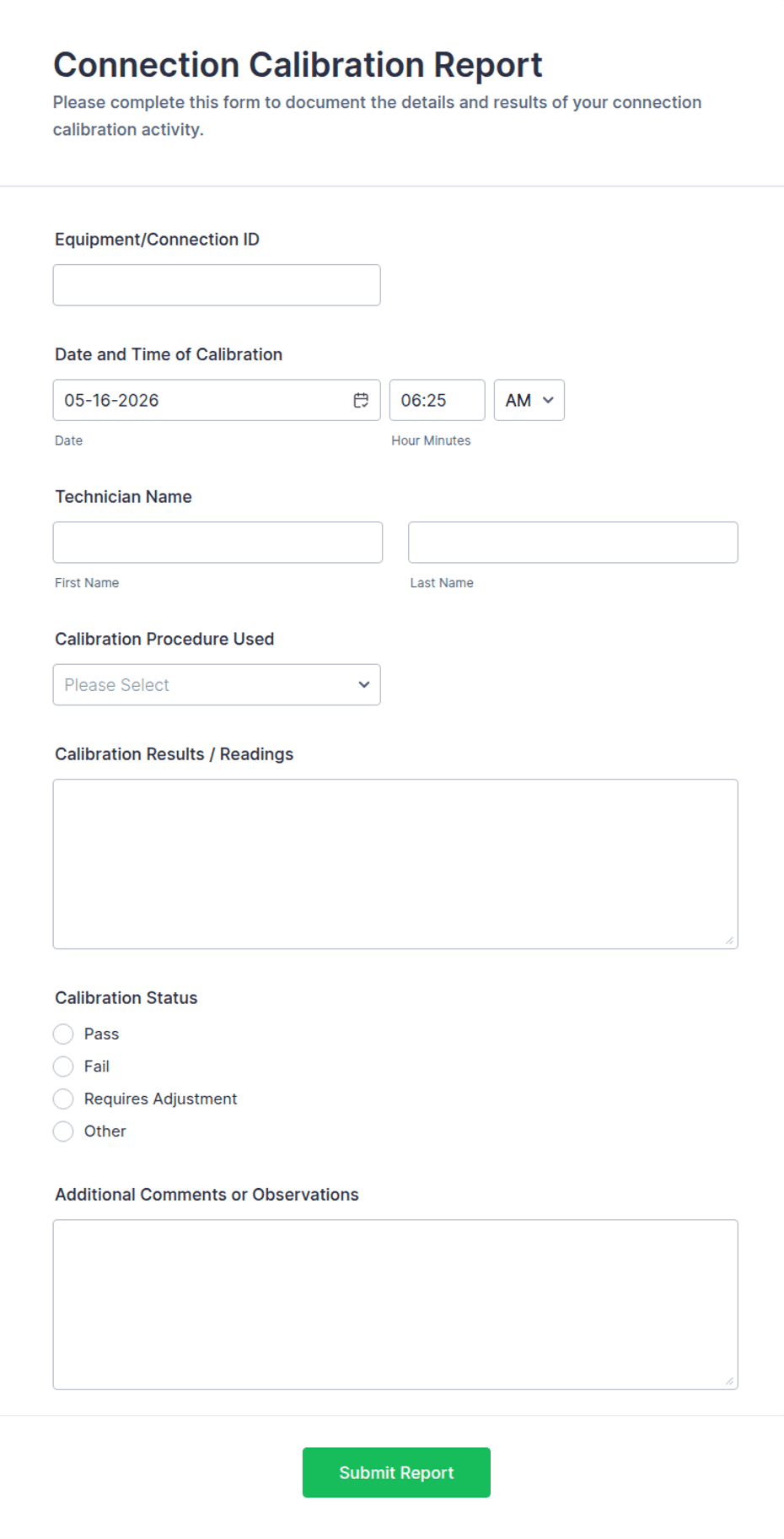 Connection Log Form Connection Calibration Report Form Template | Jotform
