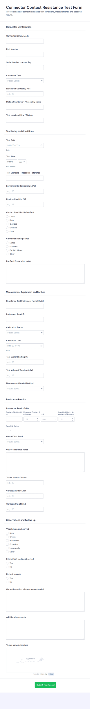 Connector Contact Resistance Test Form Template