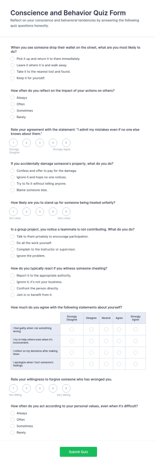 Conscience And Behavior Quiz Form Template