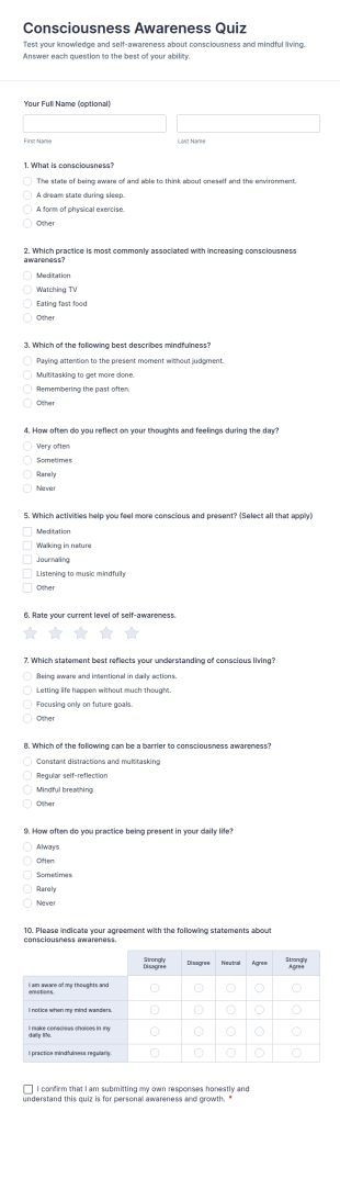 Consciousness Awareness Quiz Form Template