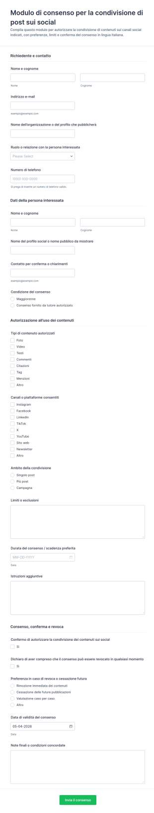 Consenso Alla Condivisione Di Post Sui Social Media Form