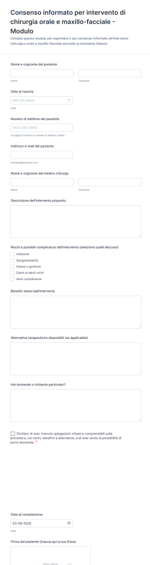 Consenso Informato Per Intervento Di Chirurgia Orale E Maxillo Facciale Modulo