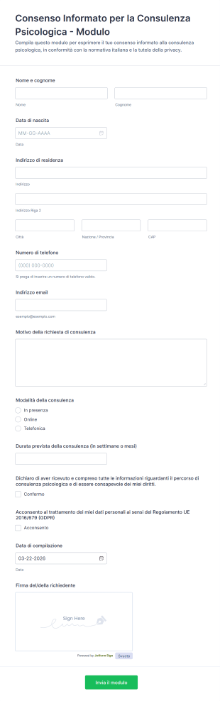 Consenso Informato Per La Consulenza Psicologica Modulo