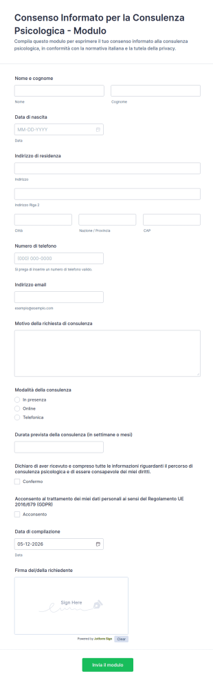 Consenso Informato Per La Consulenza Psicologica Modulo