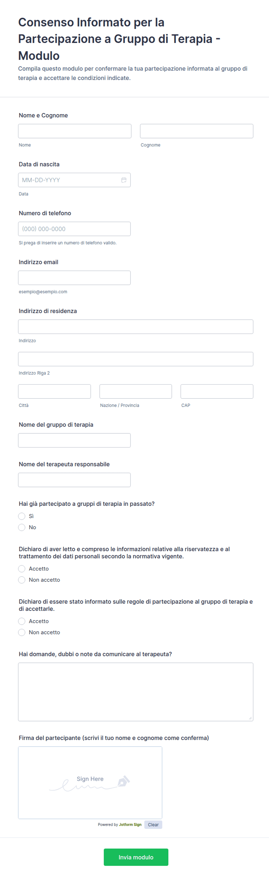 Consenso Informato per la Partecipazione a Gruppo di Terapia - Modulo ...