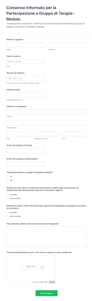 Consenso Informato Per La Partecipazione A Gruppo Di Terapia Modulo