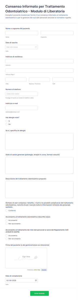 Consenso Informato Per Trattamento Odontoiatrico Modulo Di Liberatoria