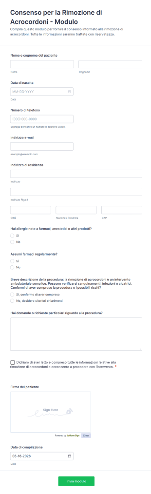 Consenso Per La Rimozione Di Acrocordoni Modulo