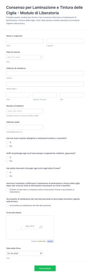 Consenso Per Laminazione E Tintura Delle Ciglia Modulo Di Liberatoria