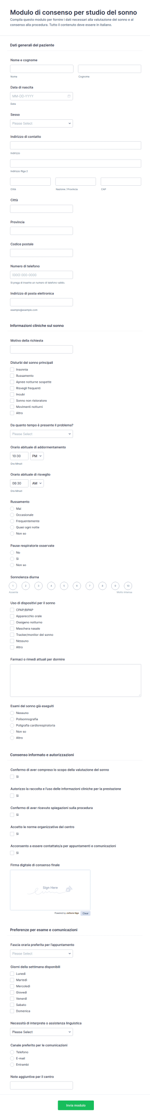 Consenso Per Studio Del Sonno Questionario