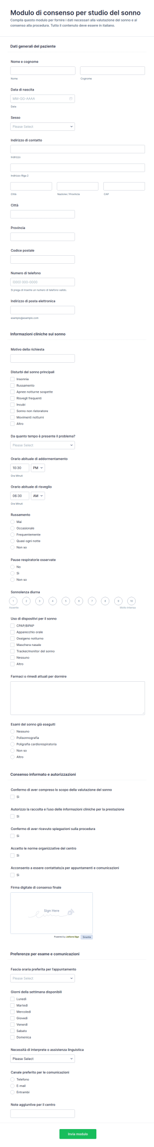 Consenso Per Studio Del Sonno Questionario