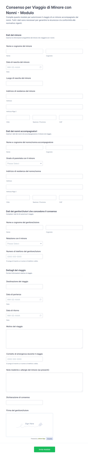 Consenso Per Viaggio Di Minore Con Nonni Modulo | Jotform