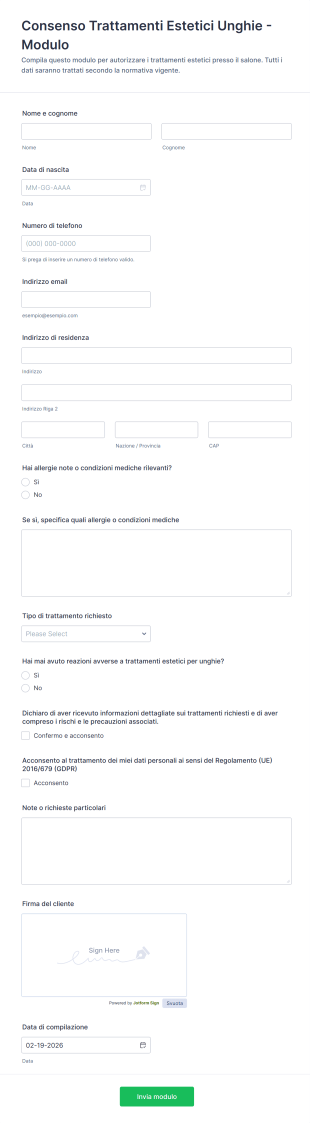 Consenso Trattamenti Estetici Unghie Modulo