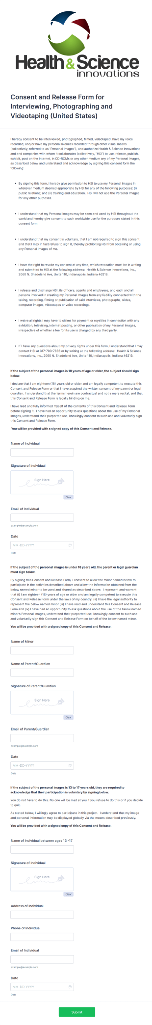 Consent And Release Form For Interviewing, Photographing And Videotaping (United States)