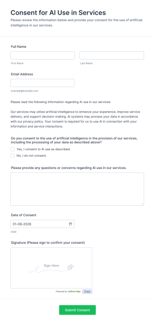 Consent For AI Use In Services Form Template