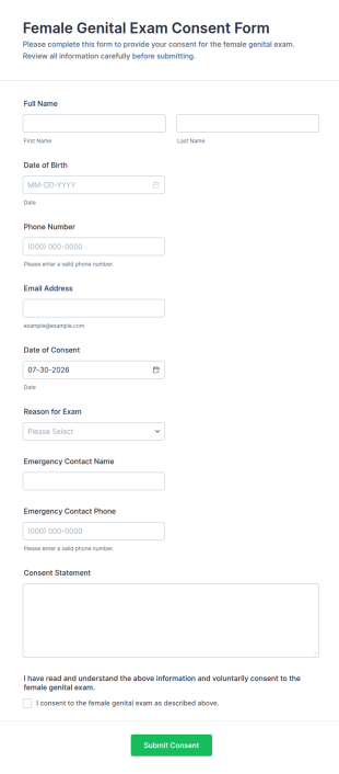 Consent For Female Genital Exam Form Template