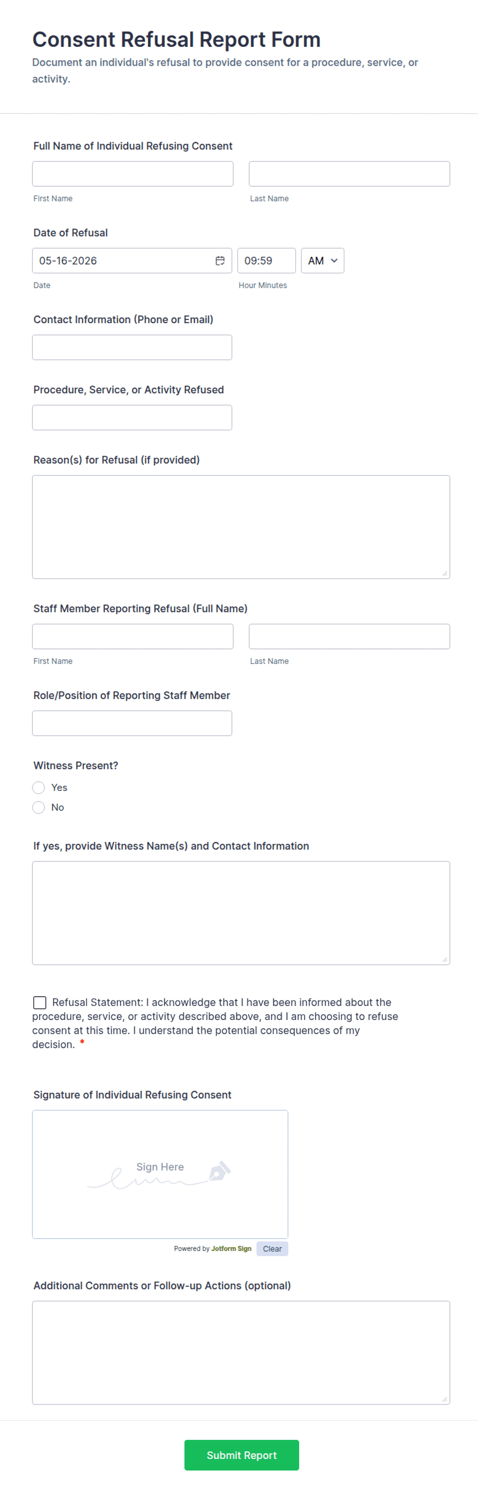 Consent Refusal Report Form Template | Jotform
