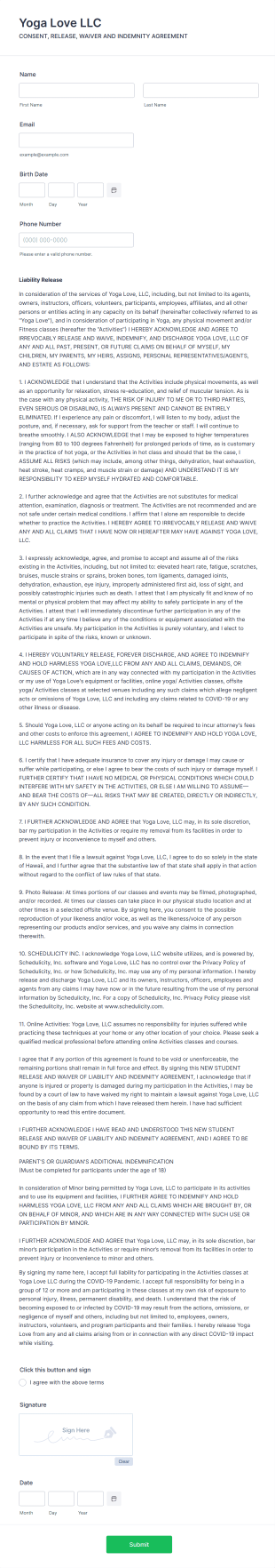 Yoga Consent Release Waiver Indemnity Form Template