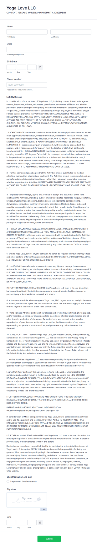 Yoga Consent Release Waiver Indemnity Form Template